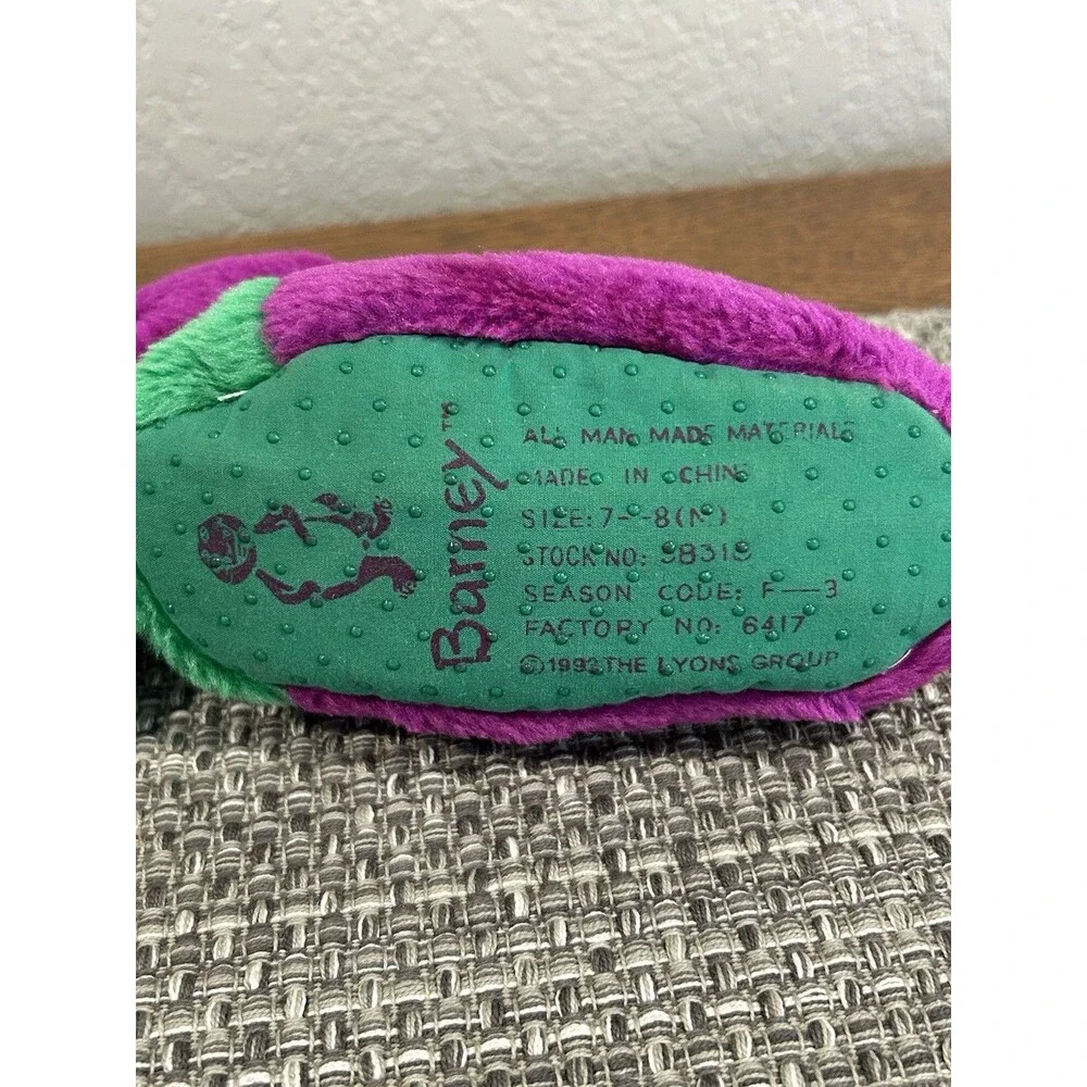 Vintage Barney The Dinosaur Slippers Plush 90s Kids Size 7-8 Purple Green 1993
